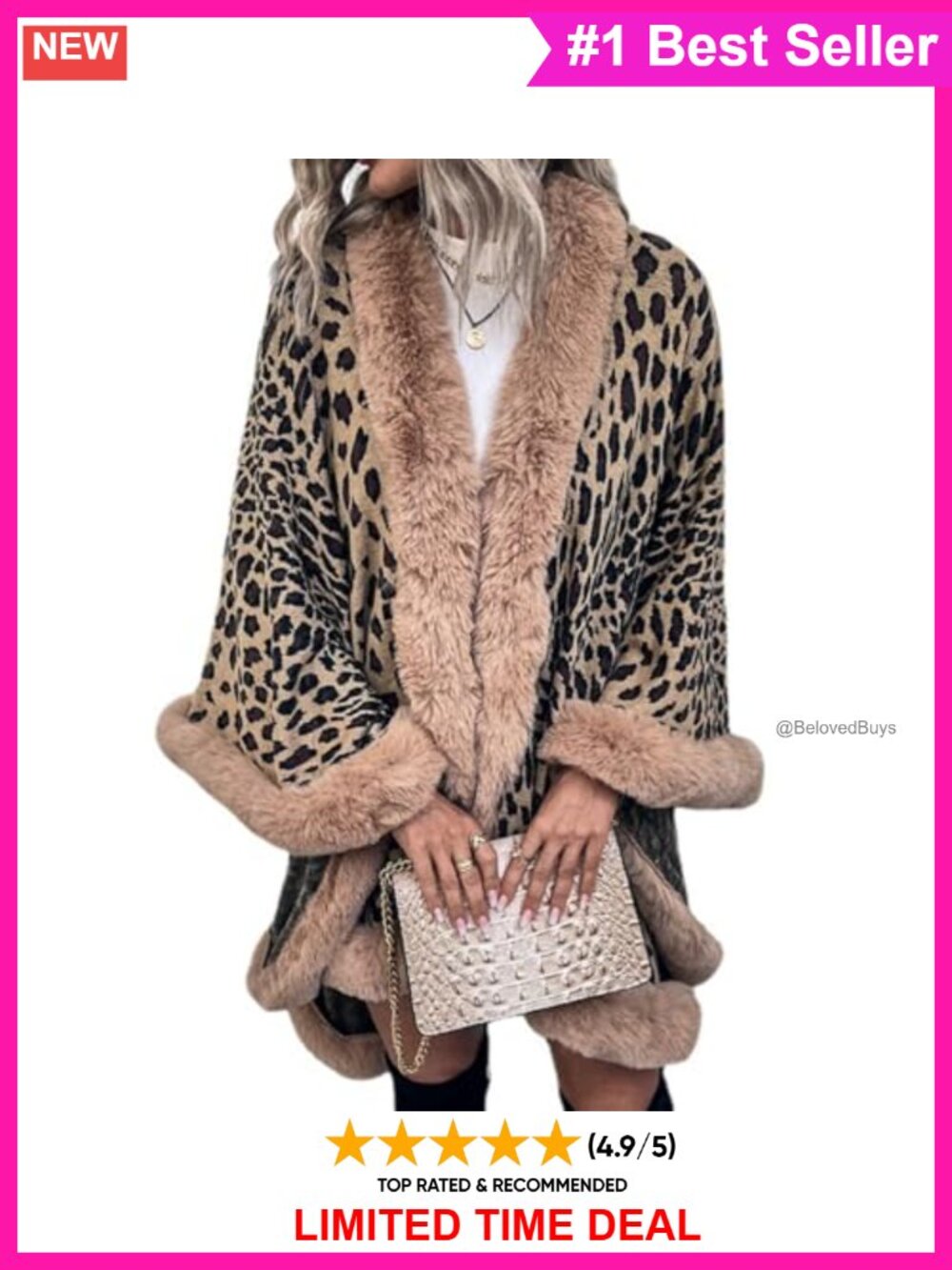 Leopard Print Knitted Poncho Shawl Wrap Faux Fur Collar Open Front
